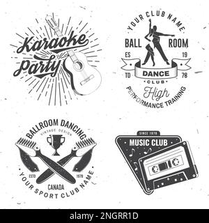 Ensemble de musique rétro et de danse de salle de bal, logos de club de sport, badges. Autocollant de sport de danse et de musique rétro avec guitare classique, cassette audio Illustration de Vecteur