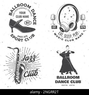 Ensemble de musique rétro et de danse de salle de bal, logos de club de sport, badges. Autocollant de sport de danse et de musique rétro avec microphone, casque, saxophone Illustration de Vecteur