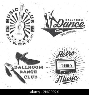 Ensemble de musique rétro et de danse de salle de bal, logos de club de sport, badges. Autocollant de sport de danse et de musique rétro avec guitare classique, cassette audio Illustration de Vecteur