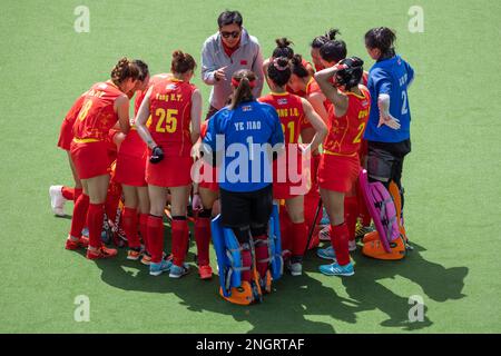 Wellington, Nouvelle-Zélande. 19th févr. 2023. Chat de pré-match en Chine. Avant de jouer en Nouvelle-Zélande au National Hockey Stadium de Wellington, en Nouvelle-Zélande. FIH Pro League. La Chine gagne du temps avec des sanctions. FT1-1. (Joe SERCI - SPP) crédit: SPP Sport presse photo. /Alamy Live News Banque D'Images