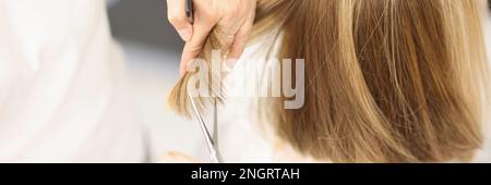 La coiffeuse coupe les cheveux avec des ciseaux dans le salon de coiffure Banque D'Images