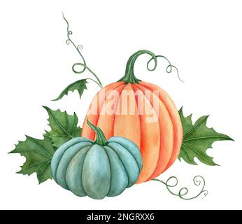 Citrouilles aquarelles avec feuilles, illustration d'automne isolée sur fond blanc Banque D'Images