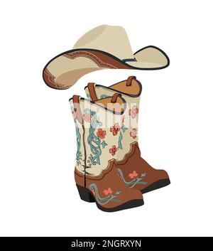Illustration vectorielle des bottes de cow-boy et des chapeaux de l'Ouest. Illustration de Vecteur