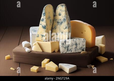 Différents types de fromage sur table en bois noir. Différentes sortes de fromages. Fromages de différentes sortes sur fond de bois sombre. Différentes couleurs de l'artisanat c Banque D'Images