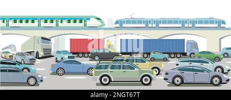 Autoroute avec train express, camion et voiture de tourisme, illustration Illustration de Vecteur