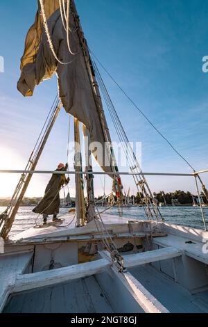 Felucca voile sur le Nil à Assouan. Voilier touristique populaire dans le Nil. Assouan, Égypte. Afrique. Banque D'Images