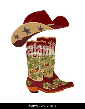 Illustration vectorielle des bottes de cow-boy et des chapeaux de l'Ouest. Illustration de Vecteur
