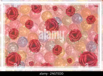 cadre rose transparent avec verre coloré et fleurs roses, concept créatif vacances, jour de la femme, amour Banque D'Images