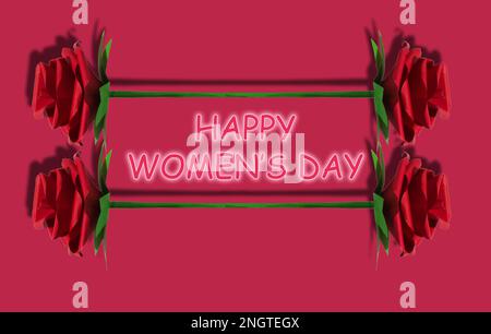 joyeux mot de la fête des femmes dans le cadre rose, concept créatif sur fond viva magenta Banque D'Images