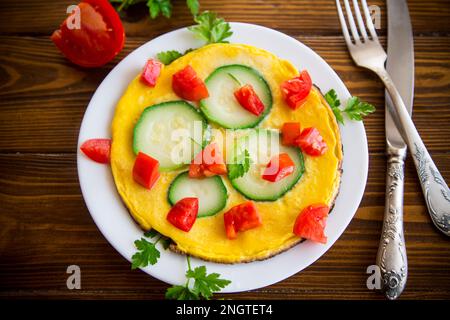 Omelette frite avec courgettes, tomates, herbes dans une assiette sur une table en bois. Banque D'Images