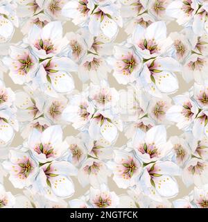 Motif floral printanier élégant sans coutures avec fleurs blanches et roses d'amandiers et de cerisiers pour les motifs de fête des mères et de mariage aquarelle Banque D'Images