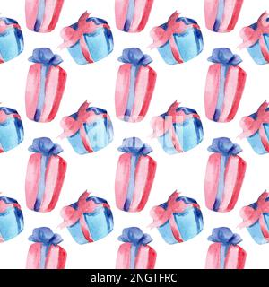 Motif aquarelle sans coutures avec cadeaux. Boîtes avec boucles. Vacances, joyeux noël, anniversaire, nouvel an, jour de la Saint-Valentin. Vente Banque D'Images