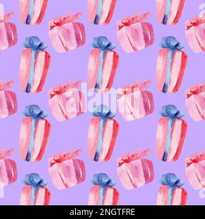 Motif aquarelle sans coutures avec cadeaux. Boîtes avec boucles. Vacances, joyeux noël, anniversaire, nouvel an, jour de la Saint-Valentin. Vente Banque D'Images