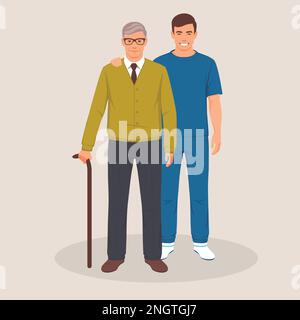 Infirmière avec un vieil homme handicapé, volontaire, homme prudent prenant soin de l'homme âgé. Illustration vectorielle Illustration de Vecteur