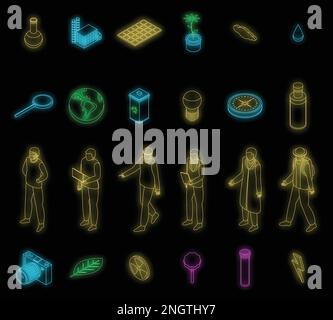 Jeu d'icônes d'écologiste. Ensemble isométrique d'icônes vectorielles écologistes couleur néon sur noir Illustration de Vecteur