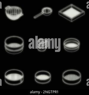 Jeu d'icônes de grille. Ensemble isométrique d'icônes de vecteur de grille couleur de néon sur noir Illustration de Vecteur