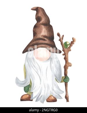 Gnome de forêt scandinave en chapeau brun avec bâton magique brun , illustration isolée sur fond blanc Banque D'Images