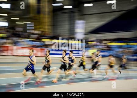 Eliott Crestan belge, Aurele Vandeputte belge et Tibo de Smet belge photographiés en action pendant les 800m hommes, au championnat belge d'athlétisme en salle, dimanche 19 février 2023, à Gand. BELGA PHOTO JASPER JACOBS Banque D'Images