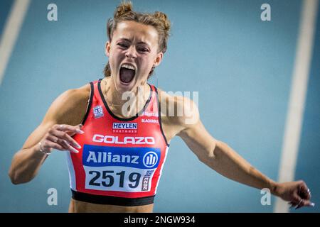 Rani Rosius Belge photographié en action pendant le sprint féminin 60m, aux championnats d'athlétisme en salle de Belgique, dimanche 19 février 2023, à Gand. BELGA PHOTO JASPER JACOBS Banque D'Images