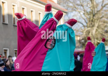 Radeburg, Allemagne. 19th févr. 2023. Au défilé de carnaval dans la petite ville saxonne de Radeburg. C'est l'un des plus grands de ce genre en Saxe. Credit: Daniel Schäfer/dpa/Alay Live News Banque D'Images