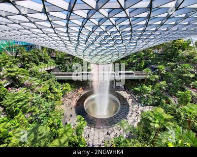 Aéroport de Changi, Singapour - 18 février 2023 - vue de dessus des jardins de Canopy et du Skytrain passant le Vortex de pluie dans le terminal de l'aéroport Banque D'Images