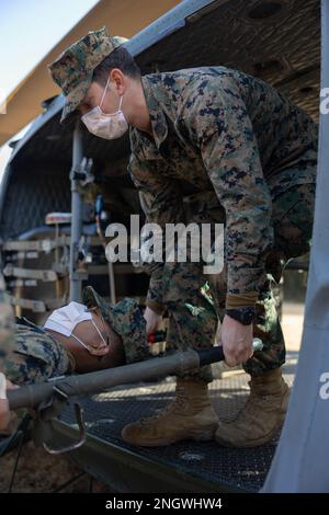 ÉTATS-UNIS L'officier de la marine 3rd classe Joshua Roland, un corpsman du 3rd Bataillon, 12th Marines, évacue une victime simulée dans une Force terrestre japonaise d'autodéfense UH-1N Twin Huey dans le cadre d'un exercice d'évacuation médicale pendant le Programme d'entraînement de réinstallation de l'Artillerie 22,3 dans la zone de manœuvre d'Ojijohara, Miyagi, Japon, 28 novembre 2022. Les compétences développées à l'ARTP 22,3 augmentent la compétence et la disponibilité de la seule unité d'artillerie déployée en permanence dans le corps des Marines, leur permettant de fournir des feux indirects de précision. Banque D'Images