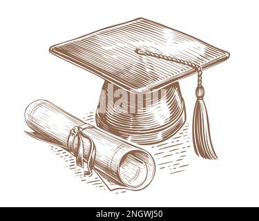 Casquette de graduation avec pampille et diplôme roulé. Mortarboard et degré. Illustration du vecteur d'esquisse Illustration de Vecteur