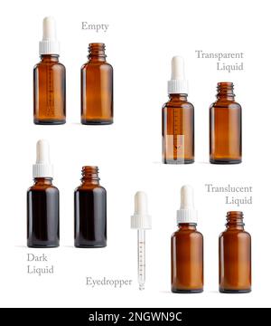 Verres ambrés avec distributeur de pipette dans diverses situations : ouverts et fermés avec du liquide foncé, transparent et translucide Banque D'Images