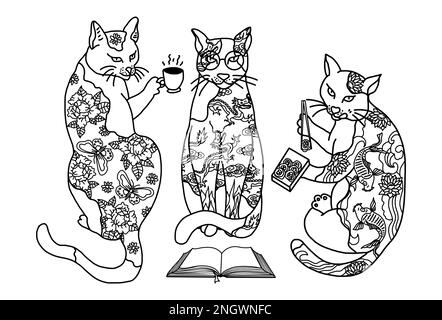 Chats japonais style traditionnel de tatouage Illustration, chat mangeant sushi, boire du café et fumer, Wabori Banque D'Images