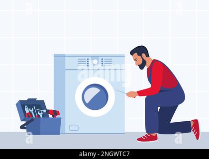 Master avec un jeu d'outils professionnels répare un lave-linge. Service de réparation de lave-linge. Personnage homme en uniforme et machine à laver avec un Illustration de Vecteur