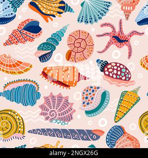 Motif coquillage. Doodle stylisé coquillages images vecteur récent fond sans couture avec des symboles marins Illustration de Vecteur