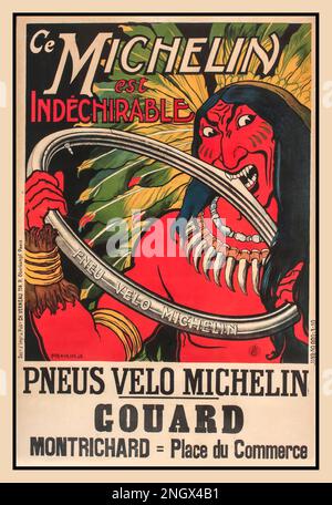 Pneu de vélo indestructible Michelin vintage, avec une caricature raciste non PC d'un Indien nord-américain tentant de percer un pneu avec ses dents. 'Ce MICHELIN est Indechirable' pneus Velo Michelin GOUARD' Montrichard= place du commerce France Banque D'Images