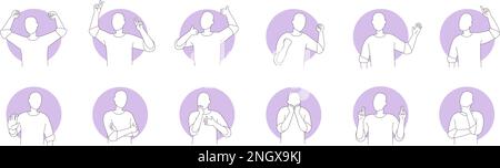 Langage corporel de base. Personne action posture, homme simple pictogramme pose la pensée humaine gestuelle pointant, main bras signe actions normales ou figure de symbole, illustration vectorielle de l'expression humaine isolée Illustration de Vecteur