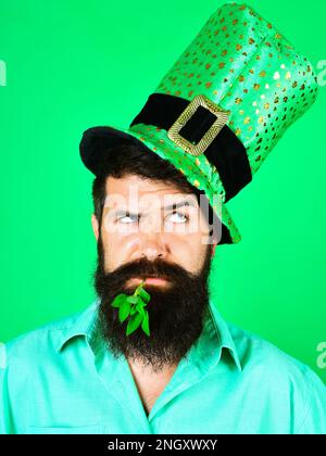 Saint Patrick, homme de la journée. Homme barbu dans le chapeau de lepreun avec trèfle dans la bouche. Homme pensif en chapeau vert. Tradition irlandaise. Lepreun barbu Banque D'Images