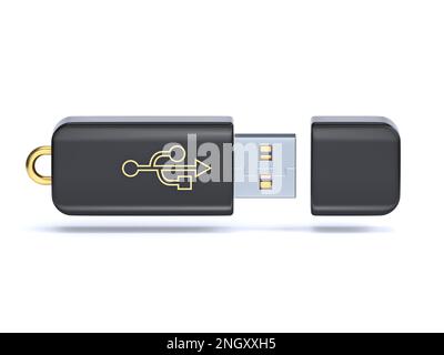 Illustration de rendu de la clé USB 3D ouverte noire isolée sur fond blanc Banque D'Images