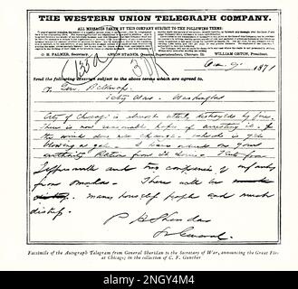 La légende de 1896 est la suivante : « télécopie du télégramme Autograph du général Sheridan au secrétaire de la guerre annonçant le Grand incendie à Chicago, dans la collection de CF Gunther ». Le Grand feu de Chicago est une conflagration qui a brûlé dans la ville américaine de Chicago pendant 8 octobre–10, 1871. Banque D'Images