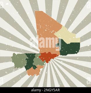 Mali carte d'époque. Affiche grunge avec carte du pays dans la palette de couleurs rétro. Forme du Mali avec arrière-plan rayons de soleil. Illustration vectorielle. Illustration de Vecteur