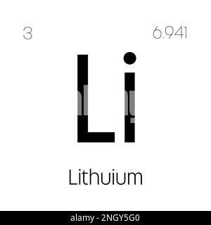 Lithium, Li, élément de table périodique avec nom, symbole, numéro atomique et poids. Métal alcalin à diverses utilisations industrielles, comme dans les piles, la céramique, et comme médicament pour le désordre bipolaire. Illustration de Vecteur