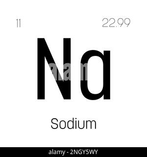 Sodium, Na, élément de table périodique avec nom, symbole, numéro atomique et poids. Métal alcalin à diverses utilisations industrielles, comme dans le savon, certains types de verre, et comme médicament pour certaines conditions médicales. Illustration de Vecteur