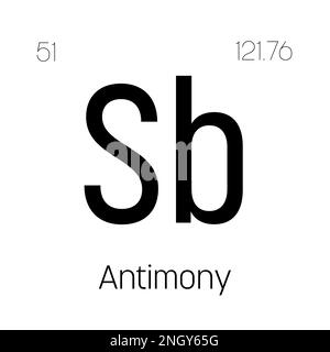 Antimoine, SB, élément de table périodique avec nom, symbole, numéro atomique et poids. Métalloïde à diverses utilisations industrielles, comme dans les retardateurs de flamme, les batteries et comme semi-conducteur dans les dispositifs électroniques. Illustration de Vecteur