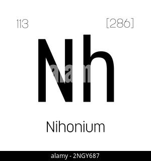 Nihonium, NH, élément de table périodique avec nom, symbole, numéro atomique et poids. Élément synthétique de demi-vie très courte, créé par des réactions nucléaires en laboratoire. Illustration de Vecteur