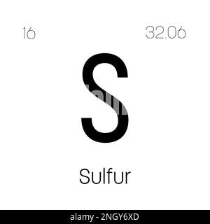 Soufre, S, élément de table périodique avec nom, symbole, numéro atomique et poids. Non métalliques à diverses utilisations industrielles, comme dans les engrais, certains types de médicaments et comme composant de certains types d'explosifs. Illustration de Vecteur