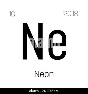 Néon, ne, élément de table périodique avec nom, symbole, numéro atomique et poids. Gaz inerte à diverses utilisations industrielles, comme dans l'éclairage, les lasers et comme gaz de remplissage dans certains types d'isolation. Illustration de Vecteur