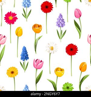 Motif fleuri sans couture avec fleurs printanières colorées sur fond blanc. Illustration vectorielle Illustration de Vecteur