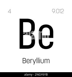 Béryllium, BE, élément de table périodique avec nom, symbole, numéro atomique et poids. Métal léger à haute résistance et résistance à la chaleur, couramment utilisé dans les industries de l'aérospatiale et de la défense. Illustration de Vecteur