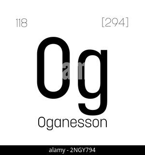 Oganesson, OG, élément de table périodique avec nom, symbole, numéro atomique et poids. Élément synthétique de demi-vie très courte, créé par des réactions nucléaires en laboratoire. Ses propriétés ne sont pas bien comprises en raison de son instabilité. Illustration de Vecteur