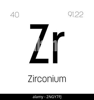 Zirconium, ZR, élément de table périodique avec nom, symbole, numéro atomique et poids. Métal de transition à diverses utilisations industrielles, comme dans certains types de réacteurs nucléaires, certains types de verre et comme composant dans certains types d'alliages. Illustration de Vecteur