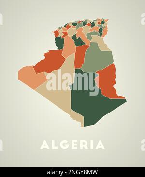 Affiche Algérie dans un style rétro. Carte du pays avec les régions dans la palette de couleurs d'automne. Forme de l'Algérie avec le nom du pays. Illustration de Vecteur