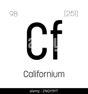 Californium, CF, élément de table périodique avec nom, symbole, numéro atomique et poids. Élément radioactif synthétique ayant des utilisations potentielles dans la recherche scientifique et l'énergie nucléaire. Illustration de Vecteur