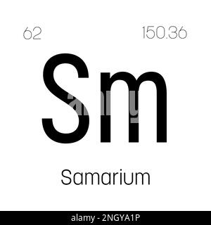 Samarium, SM, élément de table périodique avec nom, symbole, numéro atomique et poids. Métal de terre rare avec diverses utilisations industrielles, comme dans les aimants, l'éclairage, et comme un composant dans certains types de verre. Illustration de Vecteur